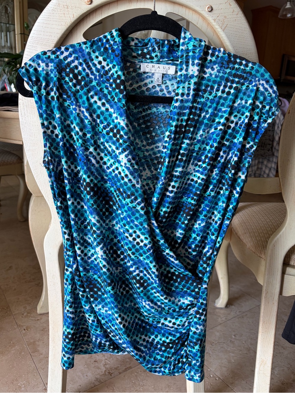 Chaus Blue Teal Black Printed Women's Dress blouse
